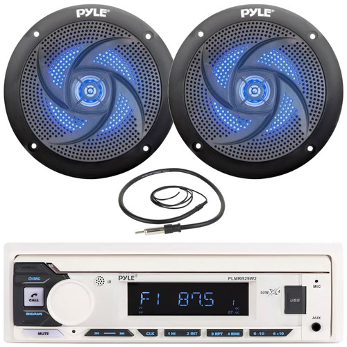 Pyle PLMRB29W2 Single DIN Marine Bluetooth USB/AUX MP3 Player AM/FM Radio Stereo Receiver, 2x 5.25" 180W Max Power 2-Way Waterproof Low Profile Slim Style Blue LED Black Boat Speakers, Radio Antenna