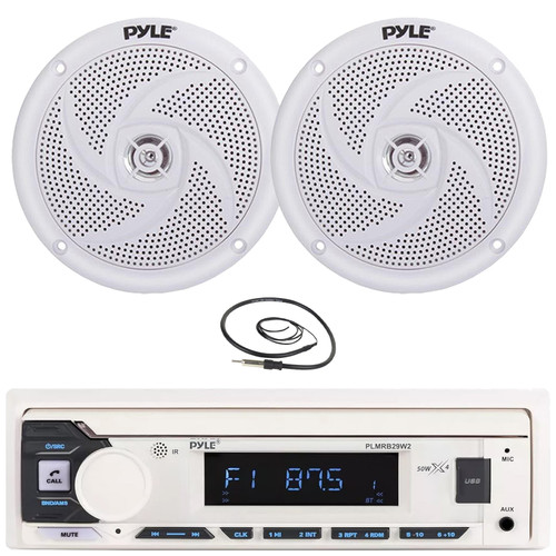 Pyle PLMRB29W2 Single DIN Marine Bluetooth USB/AUX MP3 Player AM/FM Radio Stereo Receiver, 2x 5.25" 180 Watt Max Power 2-Way Waterproof Low Profile Slim Style Boat Audio White Speakers, Radio Antenna