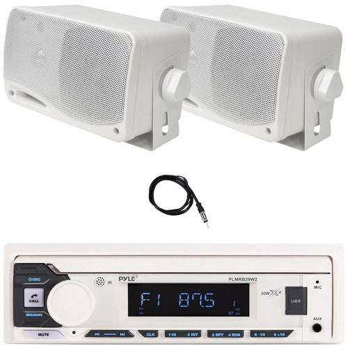 Pyle PLMRB29W2 Single DIN Marine Bluetooth USB/AUX MP3 Player AM/FM Radio Stereo Receiver, 2x 3.5'' 200 Watt Max Power 3-Way Weather Proof White Mini Box Speakers, 22" Radio Antenna