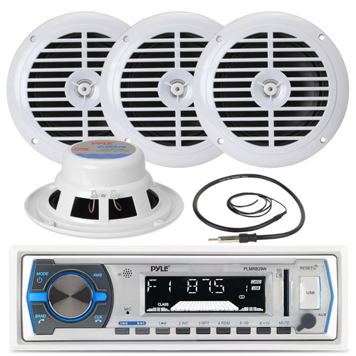 PLMRB29W AUX USB Marine Receiver, Antenna, 3.5" 200W Silver Marine Box Speakers (MPPK16214)