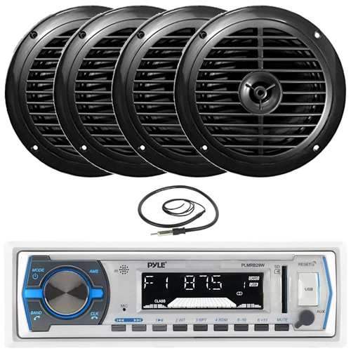 Pyle PLMRB29W Single DIN Marine Bluetooth USB/AUX MP3 Player AM/FM Radio In-Dash White Stereo Receiver, 4x 6.5'' 120 Watt Max Power Dual Cone Waterproof Black Stereo Speakers, 22" Radio Antenna