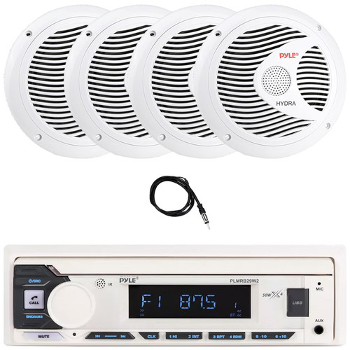 Pyle PLMRB29W2 Single DIN Marine Bluetooth USB/AUX MP3 Player AM/FM Radio Stereo Receiver, 4x 6.5" 150 Watt Max Power Full Range Dual Cone Waterproof White Stereo Marine Speakers, 22" Radio Antenna