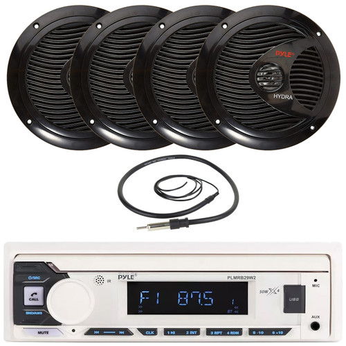 Pyle PLMRB29W2 Single DIN Marine Bluetooth USB/AUX MP3 Player AM/FM Radio Stereo Receiver, 4x 6.5" 150 Watt Max Power Full Range Dual Cone Waterproof Black Stereo Boat Speakers, 22" Radio Antenna