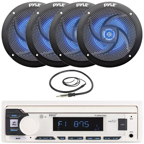 Pyle PLMRB29W2 Single DIN Marine Bluetooth USB/AUX MP3 Player AM/FM Radio Stereo Receiver, 4x 5.25" 180W Max Power 2-Way Waterproof Low Profile Slim Style Blue LED Black Boat Speakers, Radio Antenna