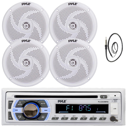 Pyle PLCD43MRB Single DIN Marine Bluetooth USB/AUX MP3 Player AM/FM Radio In-Dash Stereo Head unit Receiver, 4x 5.25" 180 Watt Max Power 2-Way Low Profile Slim Style White Boat Speakers, Radio Antenna