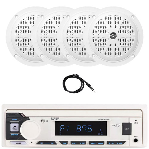 Pyle PLMRB29W2 Single DIN Marine Bluetooth USB/AUX MP3 Player AM/FM Radio Stereo Receiver, 4x 4'' 100 Watt Max Power Dual Cone Waterproof White Stereo Speakers, 22" Radio Antenna