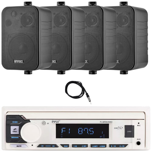 Pyle PLMRB29W2 Single DIN Marine Bluetooth USB/AUX MP3 Player AM/FM Radio Stereo Receiver, 4x Enrock EKMR408B 4" 30 Watt Max Power 3-Way Indoor/Outdoor Black Speakers, 22" Radio Antenna