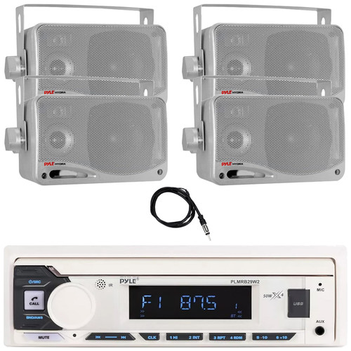Pyle PLMRB29W2 Single DIN Marine Bluetooth USB/AUX MP3 Player AM/FM Radio Stereo Receiver, 4x 3.5'' 200 Watt Max Power 3-Way Weather Proof Silver Mini Box Speakers, 22" Radio Antenna
