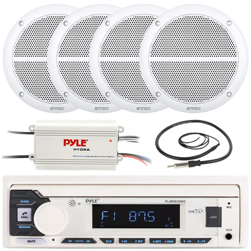 Pyle PLMRB29W2 Single DIN Marine Bluetooth USB/AUX MP3 Player AM/FM Radio Stereo Receiver, 4x 6.5" 90 Watt Max Power 2-Way Full Range White Boat Speakers, 4-Channel Amplifier, 22" Radio Antenna