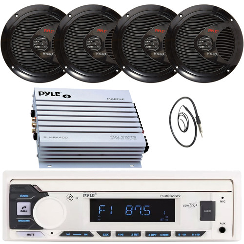 Pyle PLMRB29W2 Single DIN Marine Bluetooth USB/AUX MP3 Player AM/FM Radio Stereo Receiver, 4x 6.5" 150 Watt Max Full Range Dual Cone Waterproof Black Boat Speakers, 4 Channel Amplifier, Radio Antenna