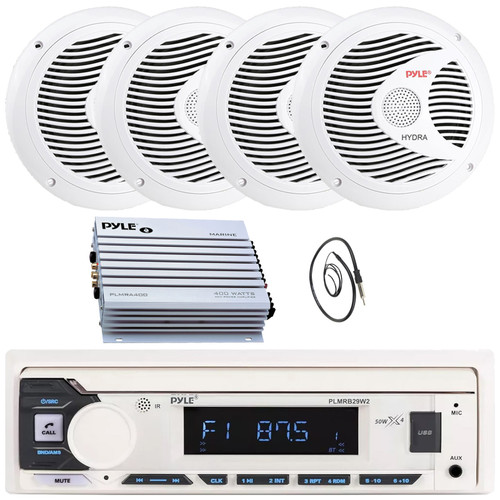 Pyle PLMRB29W2 Single DIN Marine Bluetooth USB/AUX MP3 Player AM/FM Radio Stereo Receiver, 4x 6.5" 150W Max Full Range Dual Cone Waterproof White Boat Speakers, 4 Channel Amplifier, 22" Radio Antenna