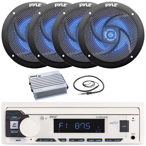 Pyle PLMRB29W2 Single DIN Marine Bluetooth USB/AUX MP3 Player AM/FM Radio Stereo Receiver, 4x 5.25" 180W Max 2-Way Low Profile Slim Style Blue LED Black Speakers, 4 Channel Amplifier, Radio Antenna