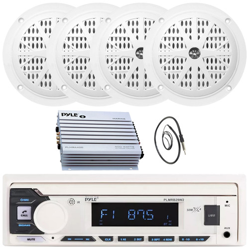 Pyle PLMRB29W2 Single DIN Marine Bluetooth USB/AUX MP3 Player AM/FM Radio Stereo Receiver, 4x 4'' 100 Watt Max Power Dual Cone Waterproof White Stereo Speakers, 4 Channel Amplifier, 22" Radio Antenna