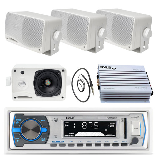 3.5" Marine Pyle Box Speakers,PLMRB29W USB AM FM Marine Radio,400W Amp, Antenna (MPPK16242)