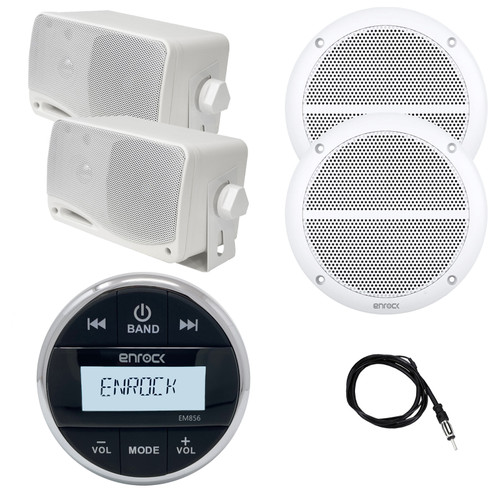 Enrock EM856 Marine Wireless Gauge Style Digital Media Receiver, 2x 3.5'' 200 Watt 3-Way Indoor/Outdoor Mini Box Speakers, 2x 6.5" 90 Watt Max 2-Way Full Range White Boat Audio Speakers, Antenna