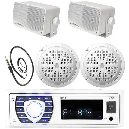 Pyle Bluetooth Marine USB/MP3/SD Readers Radio Stereo Receiver, Pair of PLMR61W Pyle 120 Watts 6.5'' Dual Cone White Marine Speakers, Pair of Pyle PLMR24 3.5" Box Speakers, Radio Antenna