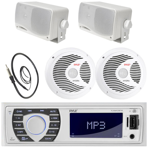 Pyle PLRMR23BTW Single DIN Marine Bluetooth USB/AUX MP3 Player AM/FM Radio In-Dash Stereo Receiver, 2x 6.5" 150W Max Waterproof White Boat Speakers, 2x 3.5'' 200W Max White Mini Box Speakers, Antenna