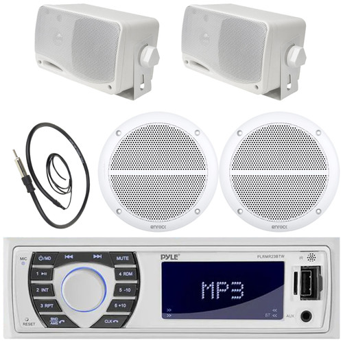 Pyle PLRMR23BTW Single DIN Marine Bluetooth USB/AUX MP3 Player AM/FM Radio In-Dash Stereo Receiver, 2x 6.5" 90W Max 2-Way Full Range White Speaker, 2x 3.5" 200W Max 3-Way Mini Box Speakers, Antenna