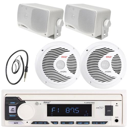 Pyle PLMRB29W2 Single DIN Marine Bluetooth USB/AUX MP3 Player AM/FM Radio Stereo Receiver, 2x 6.5" 150W Max Dual Cone Stereo Speakers, 2x 3.5'' 200W Max 3-Way White Mini Box Speakers, Radio Antenna