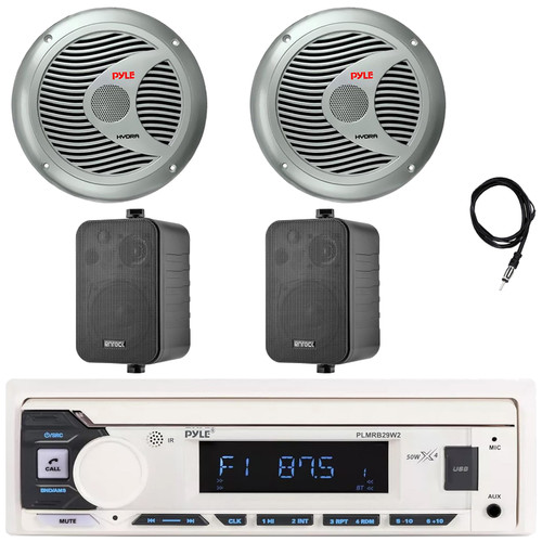 Pyle PLMRB29W2 Single DIN Marine Bluetooth USB/AUX MP3 Player AM/FM Radio Stereo Receiver, 2x 6.5'' 150W Max 2-Way Silver Boat Speakers, 2x 4" 30W Max 3-Way Indoor/Outdoor Speakers, Radio Antenna