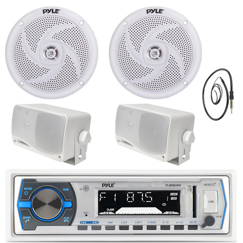 Pyle PLMRB29W Single-DIN Bluetooth MP3 In-Dash Stereo White Receiver, 2x 5.25" 180W Max Power 2-Way Low Profile Slim Style Marine Speakers, 2x 3.5'' 200W Max Power 3-Way Mini Box Speakers, Antenna