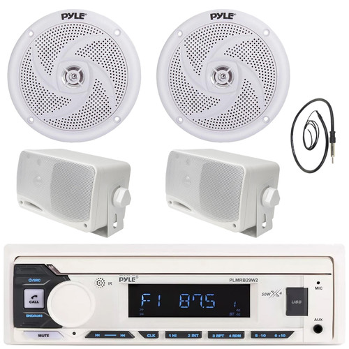 Pyle PLMRB29W2 Single DIN Marine Bluetooth USB/AUX MP3 Player AM/FM Radio Stereo Receiver, 2x 5.25" 180W Max 2-Way Boat White Speakers, 2x 3.5'' 200W Max 3-Way White Mini Box Speakers, Radio Antenna