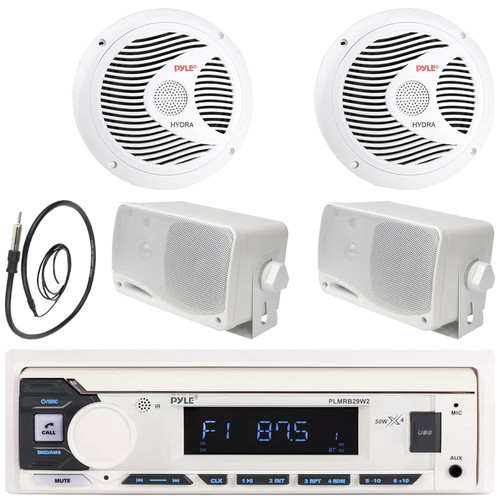 Pyle PLMRB29W2 Single DIN Marine Bluetooth USB/AUX MP3 Player AM/FM Radio Stereo Receiver, 2x 5.25" 180W Max 2-Way Boat Speakers, 2x 3.5'' 200W Max 3-Way White Mini Box Speakers, 22" Radio Antenna