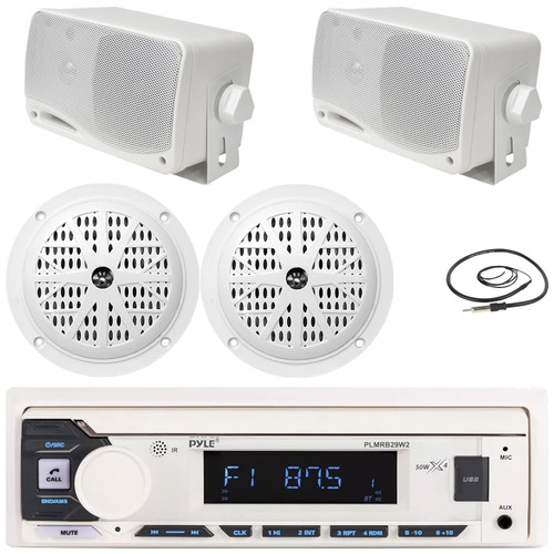 Pyle PLMRB29W2 Single DIN Marine Bluetooth USB/AUX MP3 Player AM/FM Radio Stereo Receiver, 2x 4" 100W Max Dual Cone White Speakers, 2x 3.5'' 200W Max 3-Way White Mini Box Speakers, Radio Antenna