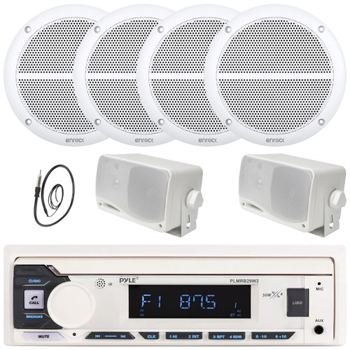 Pyle PLMRB29W2 Single DIN Marine Bluetooth USB/AUX MP3 Player AM/FM Radio Stereo Receiver, 4x 6.5" 90W Max 2-Way Full Range Speakers, 2x 3.5'' 200W Max 3-Way White Mini Box Speakers, Radio Antenna