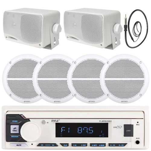 Pyle PLMRB29W2 Single DIN Marine Bluetooth USB/AUX MP3 Player AM/FM Radio Stereo Receiver, 4x 6.5" 90W Max 2-Way Full Range White Speakers, 2x 3.5" 200W Max 3-Way Mini Box Speakers, Radio Antenna
