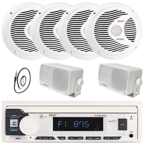 Pyle PLMRB29W2 Single DIN Marine Bluetooth USB/AUX MP3 Player AM/FM Radio Stereo Receiver, 4x 6.5" 150W Max Waterproof Stereo Speakers, 2x 3.5'' 200W Max 3-Way White Mini Box Speakers, Radio Antenna