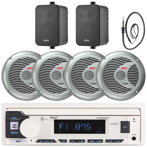 Pyle PLMRB29W2 Single DIN Marine Bluetooth USB/AUX MP3 Player AM/FM Radio Stereo Receiver, 4x 6.5'' 150W Max 2-Way Silver Speakers, 2x 4" 30W Max 3-Way Indoor/Outdoor Black Speakers, Radio Antenna