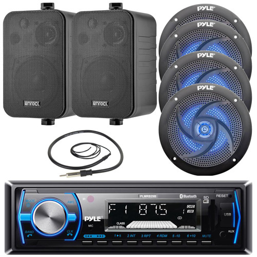 Pyle PLMRB29B Single DIN Marine Bluetooth USB/AUX MP3 Player AM/FM Radio In-Dash Black Stereo Receiver, 4x 5.25" 180W Max 2-Way Blue LED Black Speakers, 2x 4" 30W Max Indoor/Outdoor Speakers, Antenna