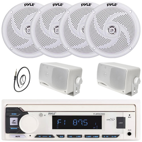Pyle PLMRB29W2 Single DIN Marine Bluetooth USB/AUX MP3 Player AM/FM Radio Stereo Receiver, 4x 5.25" 180W Max 2-Way Waterproof Speakers, 2x 3.5'' 200W Max 3-Way White Mini Box Speakers, Radio Antenna