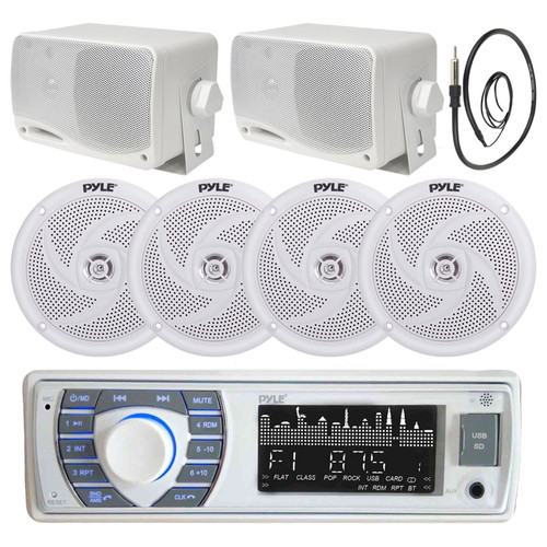 Pyle PLRMR23BTW Bluetooth In-Dash Headunit Receiver, 2 Pair PLMRS4W Pyle 4'' 2-Way Waterproof Stereo Speakers, Box Speakers, Antenna