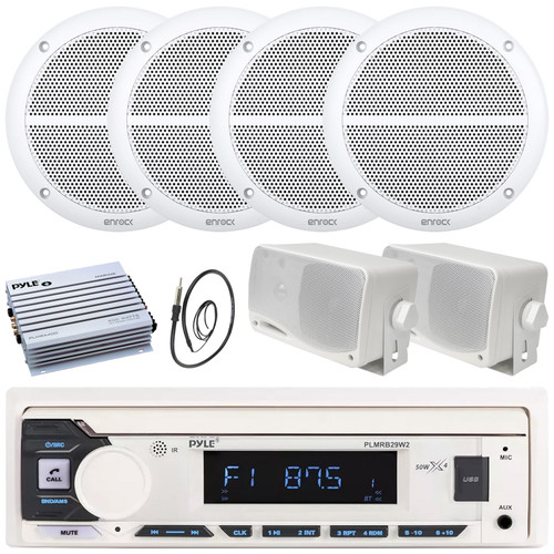 Pyle PLMRB29W2 Single DIN Marine Bluetooth USB/AUX MP3 Player AM/FM Radio Stereo Receiver, 4x 6.5" 90W Max 2-Way White Speakers, 2x 3.5'' 200W Max 3-Way Mini Box Speakers, 4 Channel Amplifier, Antenna