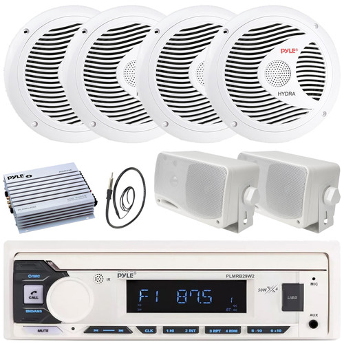 Pyle PLMRB29W2 Single DIN Marine Bluetooth USB/AUX MP3 Player AM/FM Radio Stereo Receiver, 4x 6.5" 150W Max Dual Cone White Speakers, 2x 3.5'' 200W Max Mini Box Speakers, 4 Channel Amplifier, Antenna