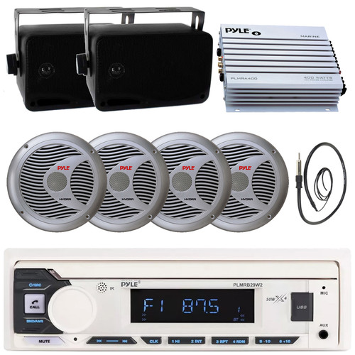 Pyle PLMRB29W2 Single DIN Marine Bluetooth USB/AUX MP3 Player AM/FM Radio Stereo Receiver, 4x 6.5" 150W Max 2-Way Speakers, 2x 3.5'' 200W Max Indoor/Outdoor Speakers, 4 Channel Amplifier, Antenna