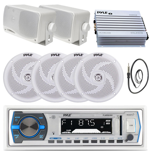 Pyle PLMRB29W Single-DIN Bluetooth MP3 In-Dash Stereo White Receiver, 4x 5.25" 180W Max Power 2-Way Marine Speakers, 2x 3.5'' 200W Max Power 3-Way Mini Box Speakers, 4-Channel Amplifier, Antenna