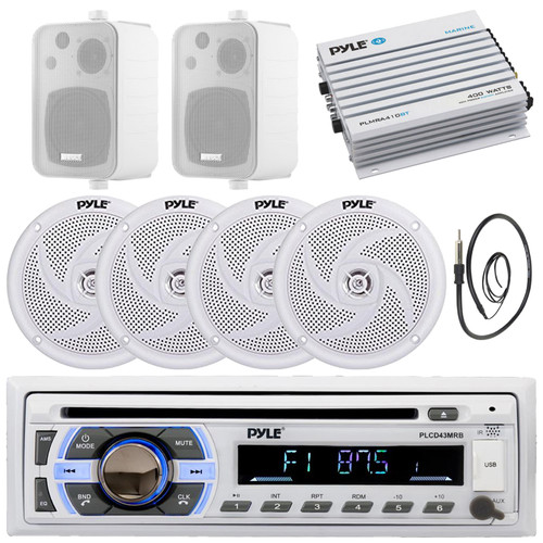 Pyle PLCD43MRB Single DIN Marine Bluetooth USB/AUX MP3 Player AM/FM In-Dash Stereo Receiver, 4x 5.25" 180W Max 2-Way Speakers, 2x 4" 30W Max Indoor/Outdoor Speakers, 4 Channel Amplifier, Antenna