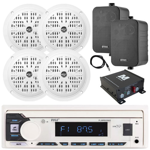 Pyle PLMRB29W2 Single DIN Marine Bluetooth USB/AUX MP3 Player AM/FM Radio Stereo Receiver, 4x 4'' 100W Max Dual Cone White Speakers, 2x 4" 30W Max Indoor/Outdoor Speakers, 4-Channel Amplifier, Antenna