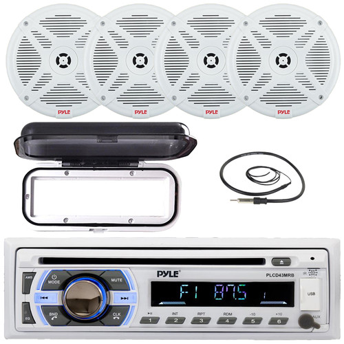 Pyle PLCD43MRB Single DIN Marine Bluetooth USB/AUX MP3 Player AM/FM Radio In-Dash Stereo Head Unit Receiver w/White Cover, 4x 6.5" 600W Max Power 2-Way Low Profile Boat White Speakers, Radio Antenna
