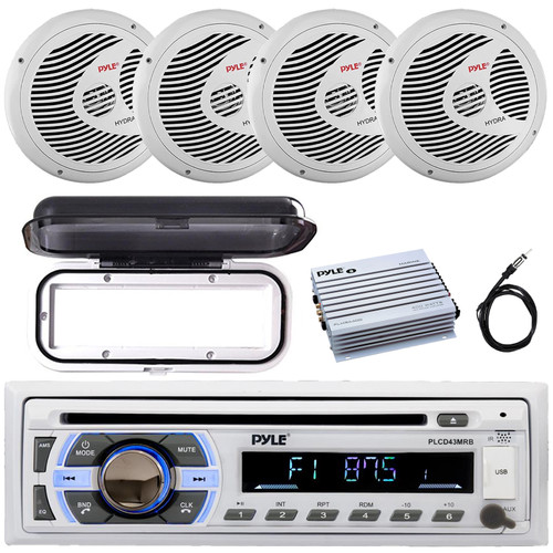 Pyle PLCD43MRB Single DIN Marine Bluetooth USB/AUX MP3 Player AM/FM Radio In-Dash Stereo Head Unit Receiver w/White Cover, 4x 6.5" 150W Max Full Range Boat Speakers, 4 Channel Amplifier, Radio Antenna