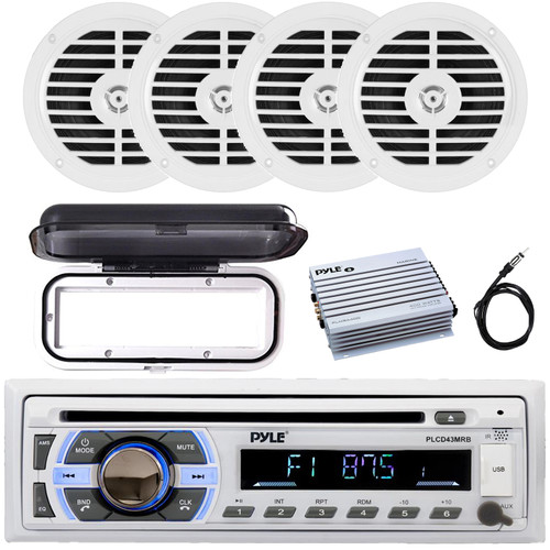 Pyle PLCD43MRB Single DIN Marine Bluetooth USB/AUX MP3 Player AM/FM Radio In-Dash Stereo Head Unit Receiver w/White Cover, 4x 5.25" 100W Max Dual Cone Boat Speakers, 4 Channel Amplifier, Radio Antenna