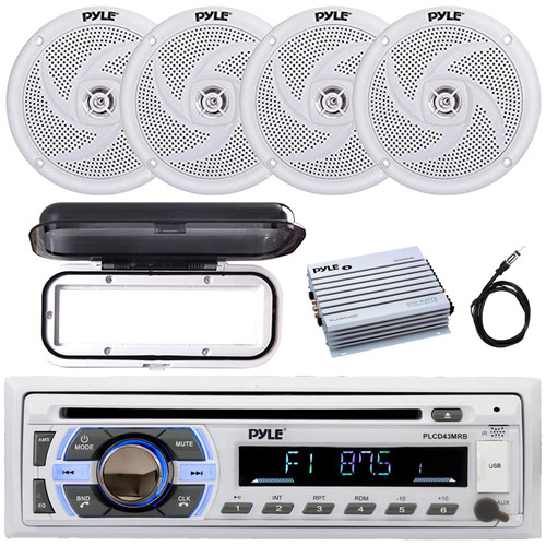 Pyle PLCD43MRB Single DIN Marine Bluetooth USB/AUX MP3 Player AM/FM Radio In-Dash Stereo Head Unit Receiver w/White Cover, 4x 5.25" 180W Max Slim Style Speakers, 4 Channel Amplifier, Radio Antenna
