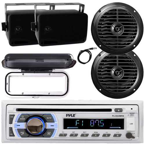Pyle PLCD43MRB Single DIN Marine Bluetooth USB/AUX MP3 Player AM/FM In-Dash Head Unit Receiver w/White Cover, 2x 6.5'' 120W Max Dual Cone Speakers, 2x 3.5'' 200W Max Indoor/Outdoor Speakers, Antenna