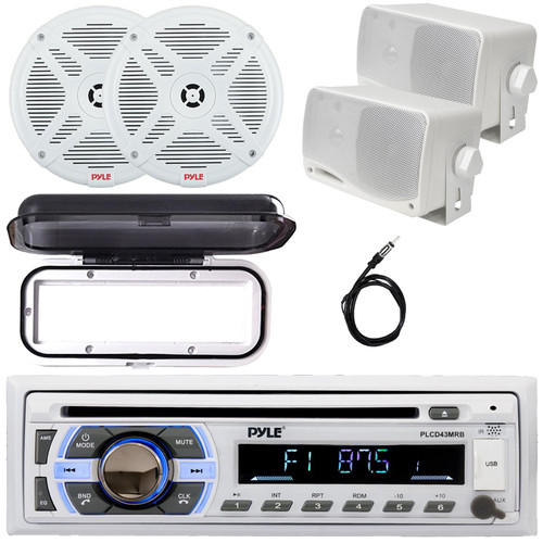 Pyle PLCD43MRB Single DIN Marine Bluetooth USB/AUX MP3 Player AM/FM Radio In-Dash Stereo Head Unit Receiver w/White Cover, 2x 6.5" 600W Max White Speakers, 2x 3.5" 200W Max Mini Box Speakers, Antenna