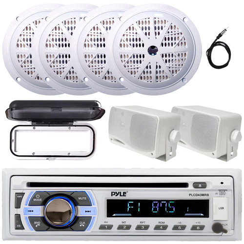Pyle PLCD43MRB Single DIN Marine Bluetooth USB/AUX MP3 Player AM/FM In-Dash Stereo Head Unit Receiver w/White Cover, 4x 5.25'' 100W Max 2-Way Speakers, 2x 3.5'' 200W Max Mini Box Speakers, Antenna