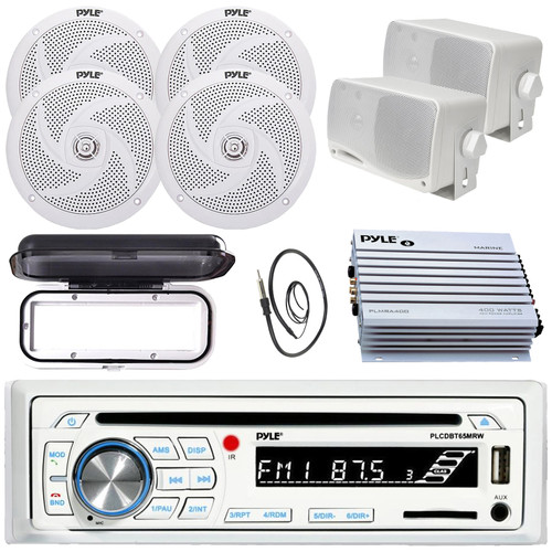 Pyle PLCD43MRB Single DIN Marine Bluetooth USB/AUX MP3 Player AM/FM In-Dash Stereo Receiver w/White Cover, 4x 6.5'' 150W Max Dual Cone Speakers, 2x 3.5'' 200W Max Mini Box Speakers, Amplifier, Antenna