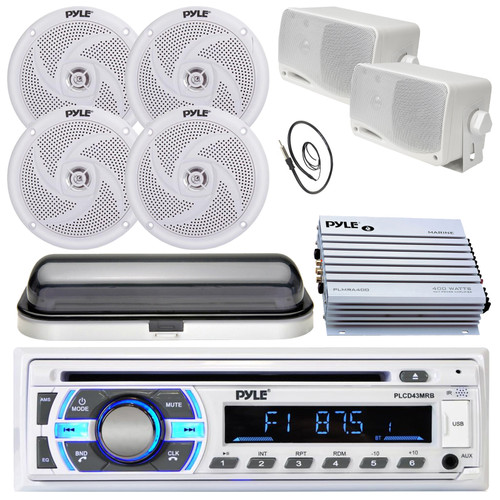 Pyle PLCD43MRB Single-DIN Bluetooth MP3/USB/SD In-Dash Stereo Head Unit Receiver W/White Cover, 4x 5.25" 180W Max Marine Speakers, 2x 3.5'' 200W Max Mini Box Speakers, 4-Channel Amplifier, Antenna